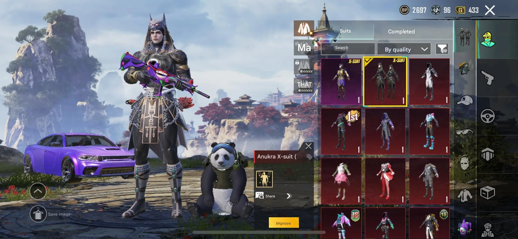 PGM259 M416 Jester Lv.7, Rending Roar Lv.8, 14 Killchats, 13+ Weapons Lvl 1-3, Bugatti, Pharaoh X-Suit, 30+ Mythics (G)